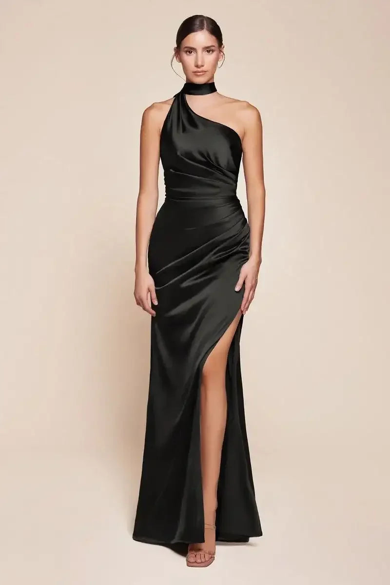 Bryce Gown - Black - ONE SHOULDER LUXE SATIN FITTED GOWN