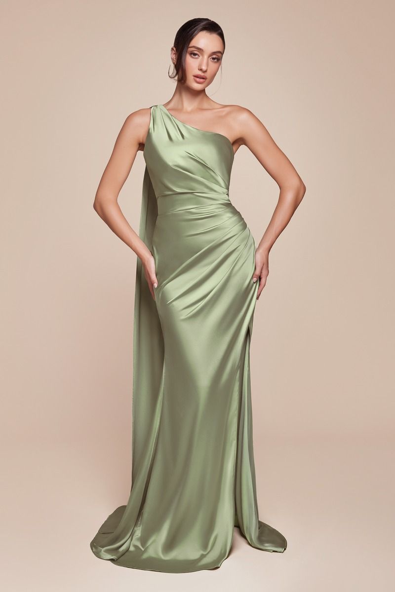 Bryce Gown - Sage - ONE SHOULDER LUXE SATIN FITTED GOWN