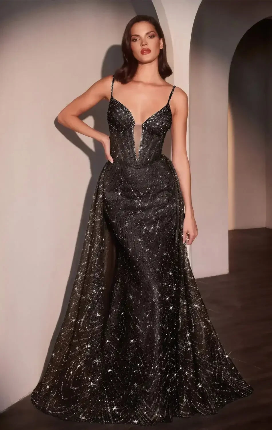 ANTONIA GOWN - GLITTER PRINTED FITTED DRESS WITH OVERSKIRT