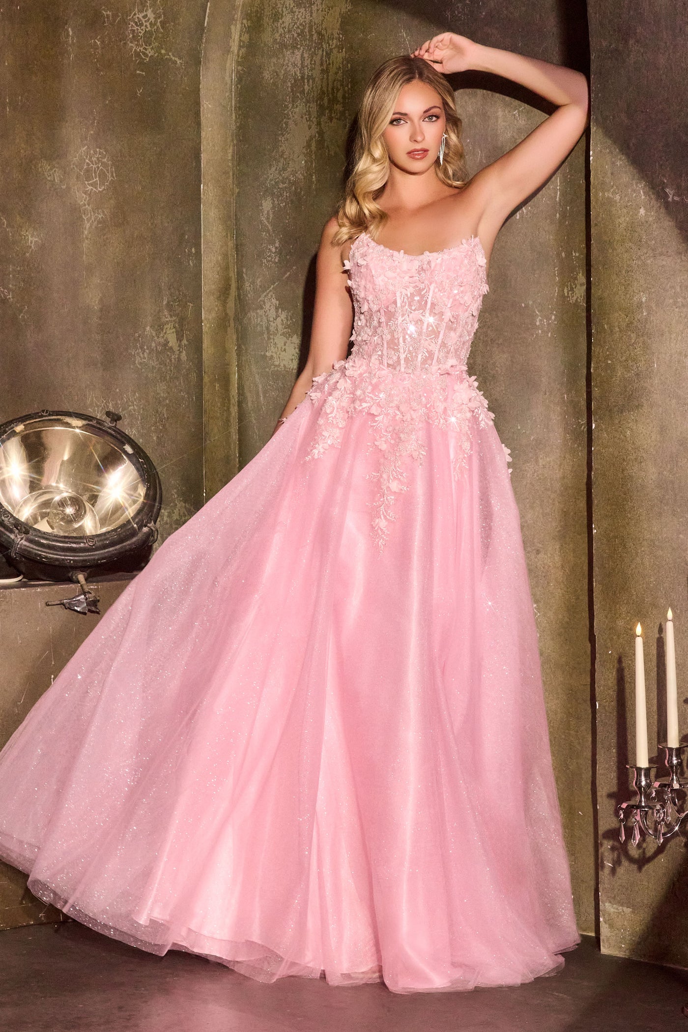 April Scoop Neck Ball Gown with Floral Appliqué
