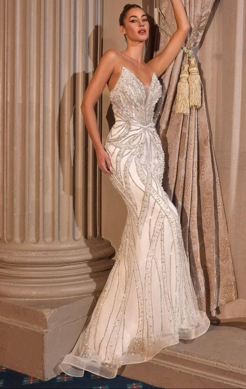 ADRIENNE GOWN - OFF WHITE - PEARL & CRYSTAL STRAPLESS FITTED DRESS