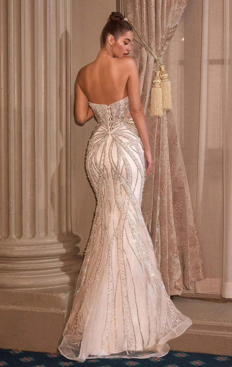 ADRIENNE GOWN - OFF WHITE - PEARL & CRYSTAL STRAPLESS FITTED DRESS