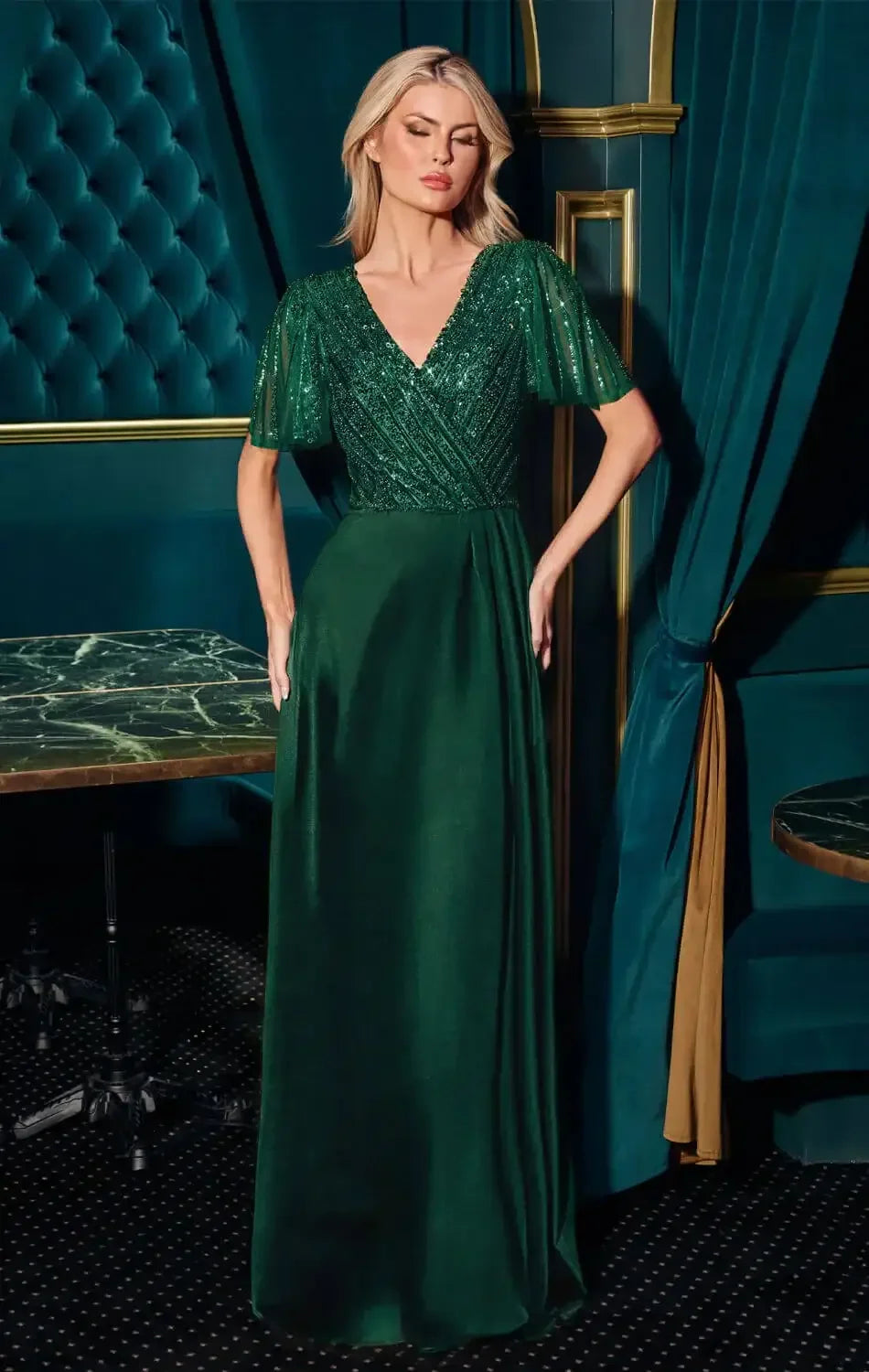 CARMINE GOWN - BEADED A-LINE DRESS WITH FLUTTER SLEEVES