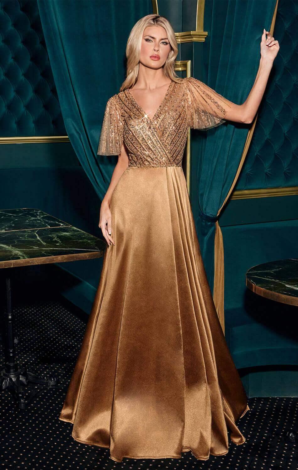 CARMINE GOWN - BEADED A-LINE DRESS WITH FLUTTER SLEEVES