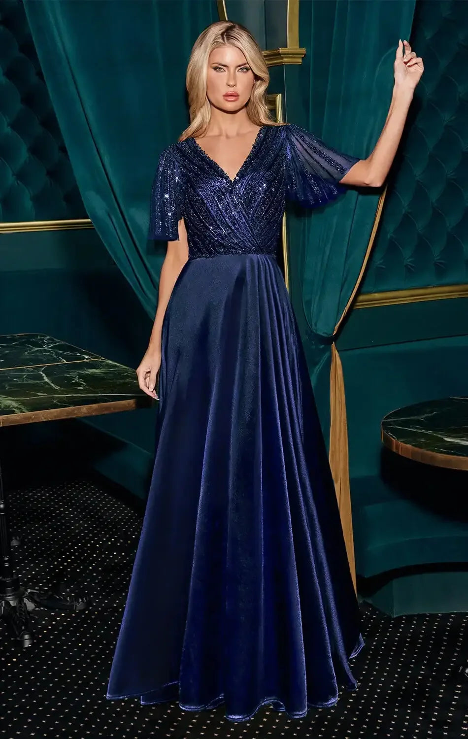 CARMINE GOWN - BEADED A-LINE DRESS WITH FLUTTER SLEEVES