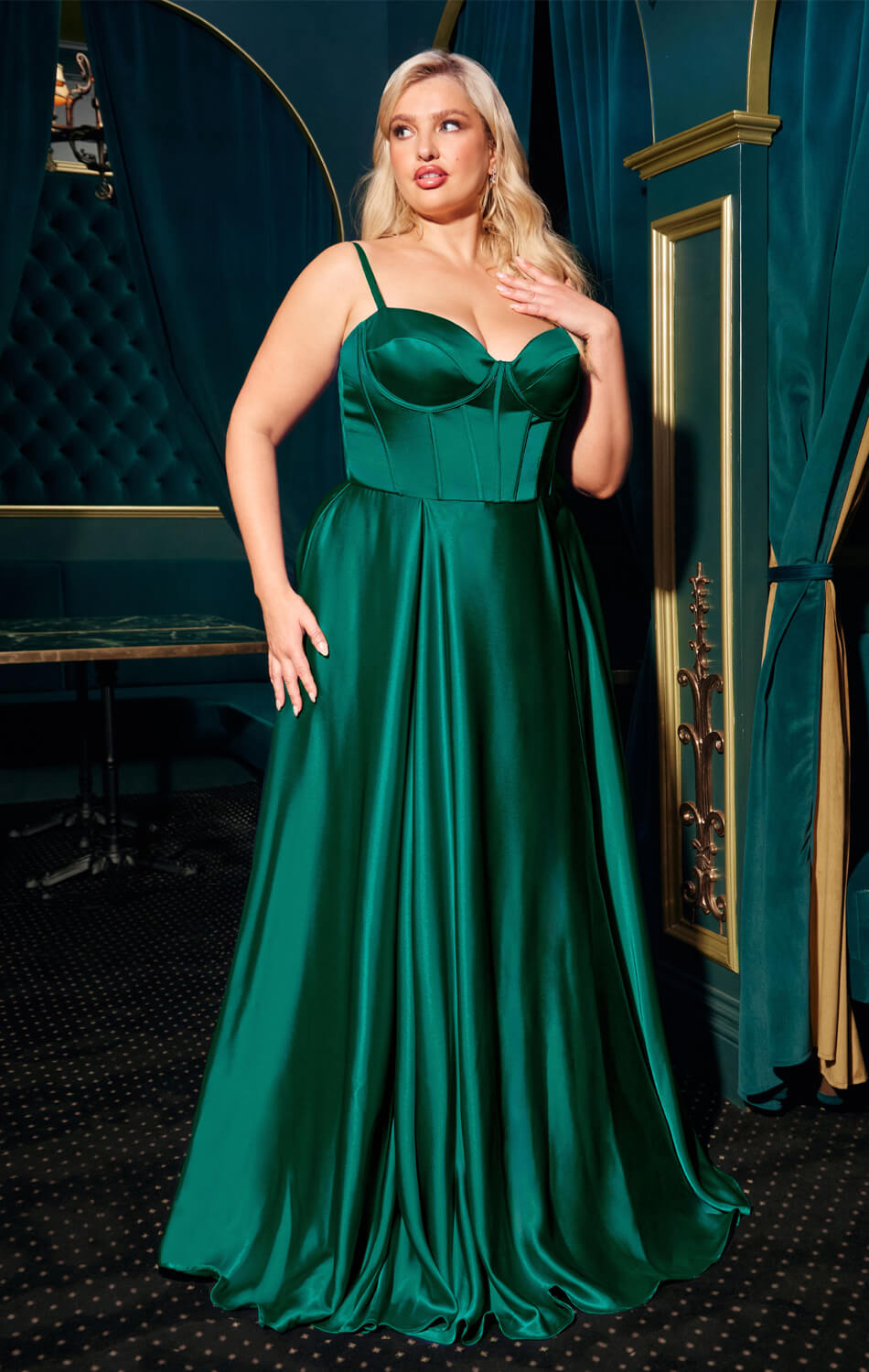 SELMA GOWN - EMERALD - A-LINE LUXE SATIN BUSTIER DRESS