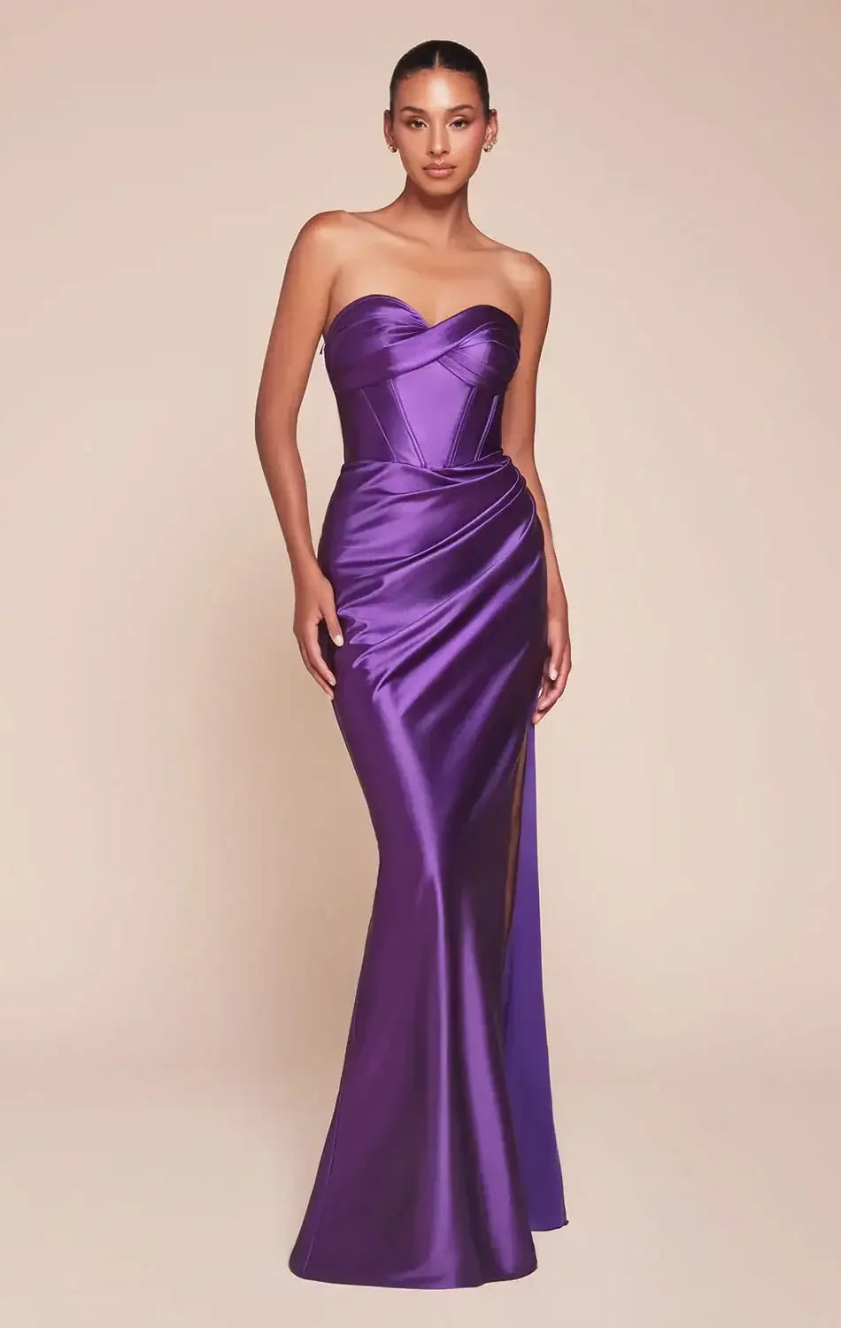 KOLLYN GOWN - EGGPLANT - STRAPLESS LUXE SATIN FITTED GOWN
