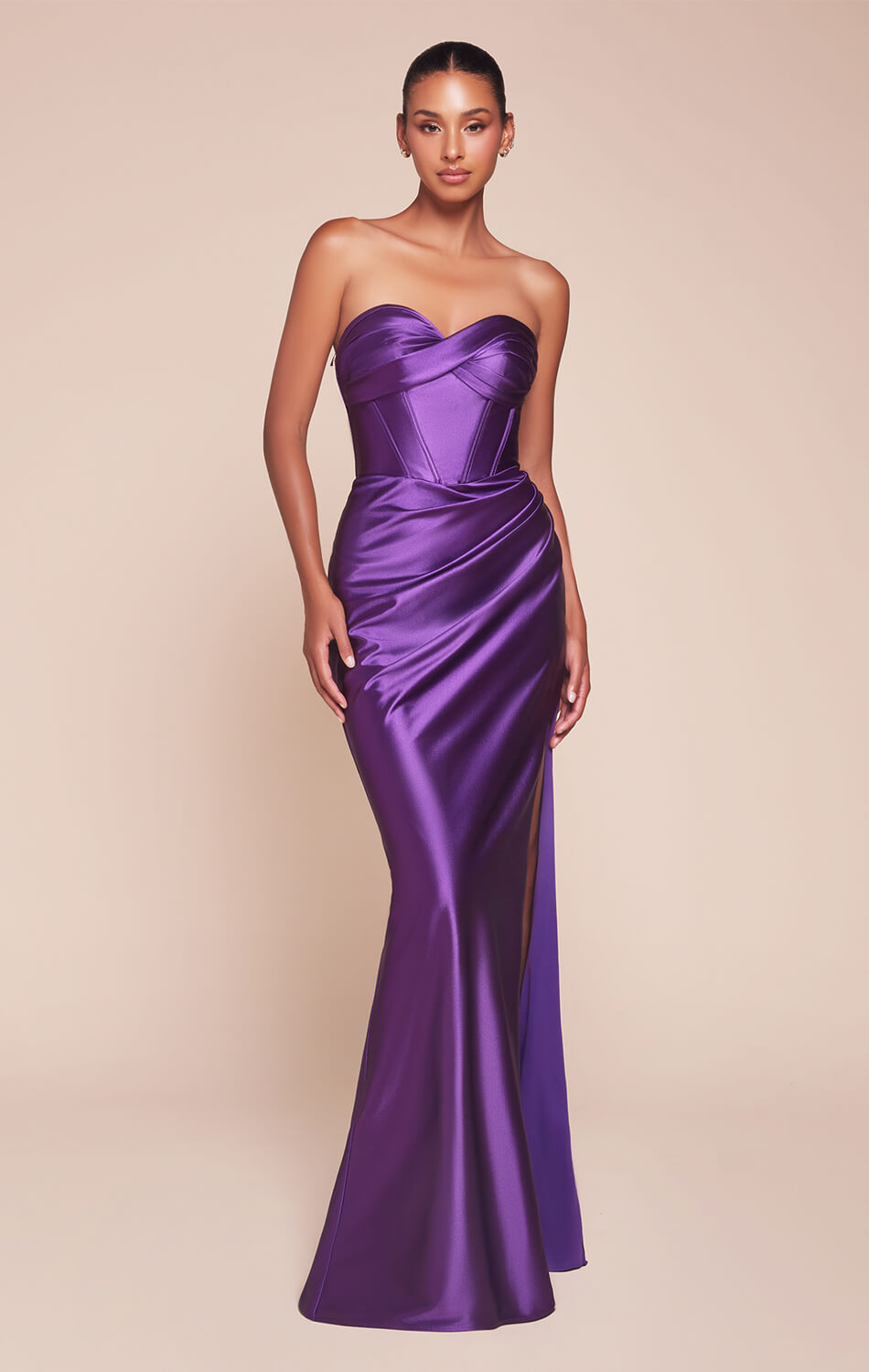 KOLLYN GOWN - EGGPLANT - STRAPLESS LUXE SATIN FITTED GOWN