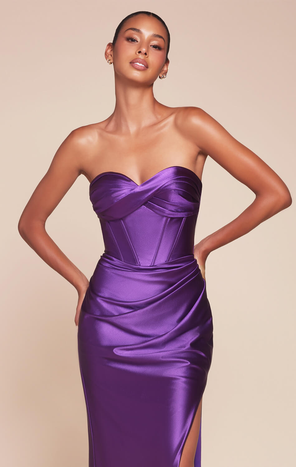 KOLLYN GOWN - EGGPLANT - STRAPLESS LUXE SATIN FITTED GOWN