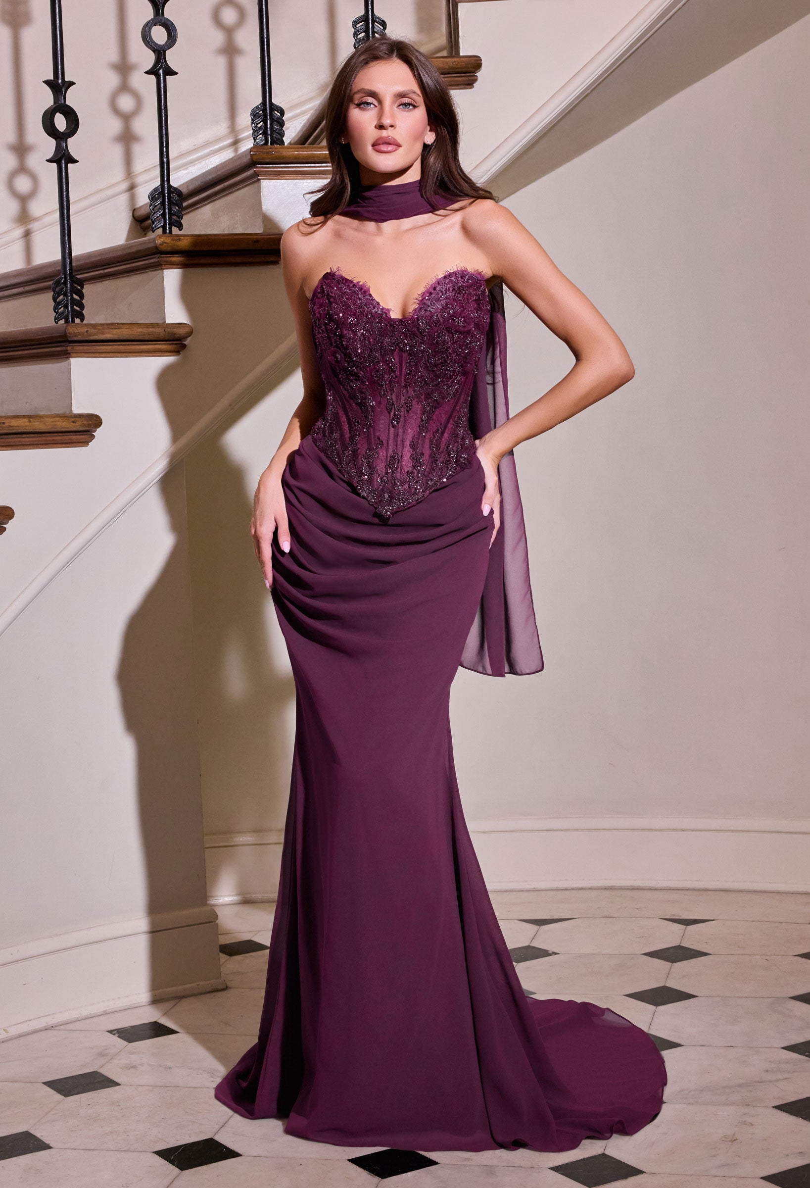 Darlene Gown - Beaded Corset Formal Dress With Scarf