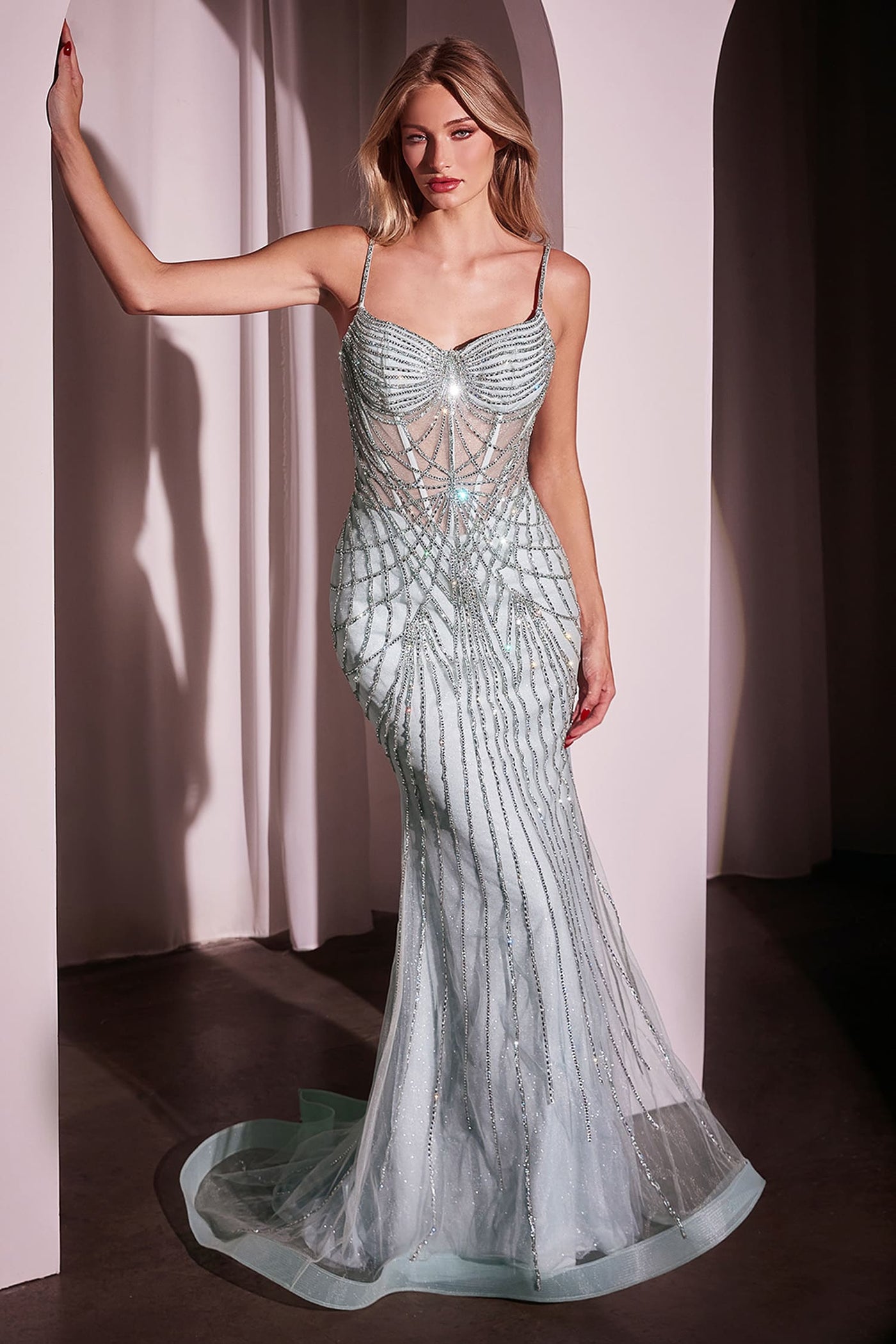 Woman wearing a silver beaded evening gown against a neutral background