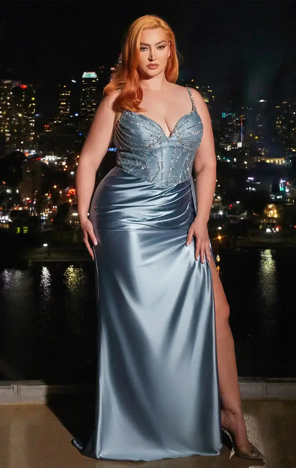 LIBERTY GOWN - DUSTY BLUE - FITTED SATIN GOWN WITH BEADED BODICE