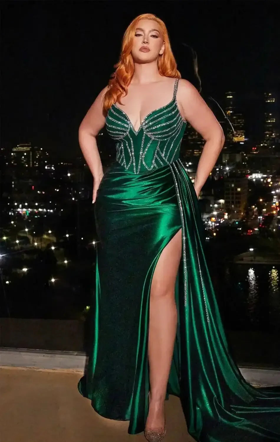 LIBERTY GOWN - EMERALD - FITTED SATIN GOWN WITH BEADED BODICE