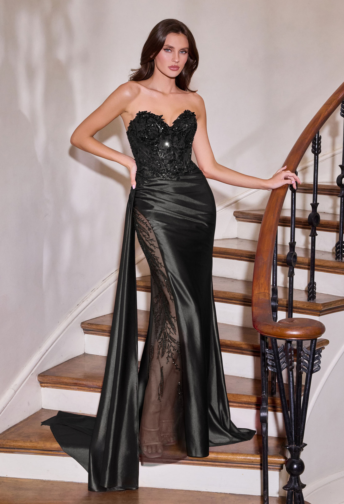 Evans Gown - Satin Dress With Illusion Leg Slit