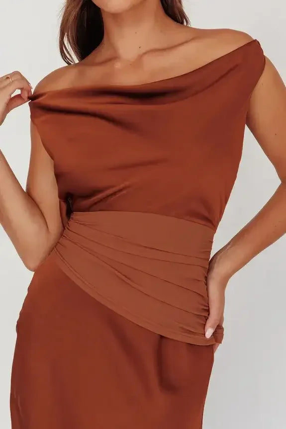 Brown off-shoulder dress