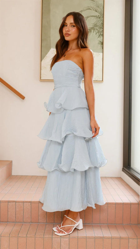 Gabby Maxi Dress - Pale Blue - Strapless Tiered Dress