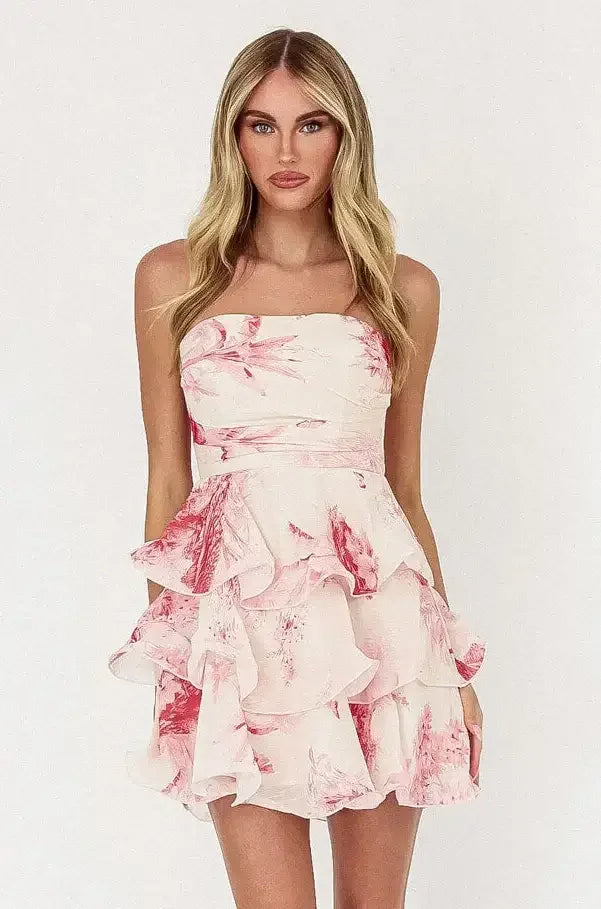 Jessa Mini Dress - Pink - Chinoiserie Print Tiered Mini Dress