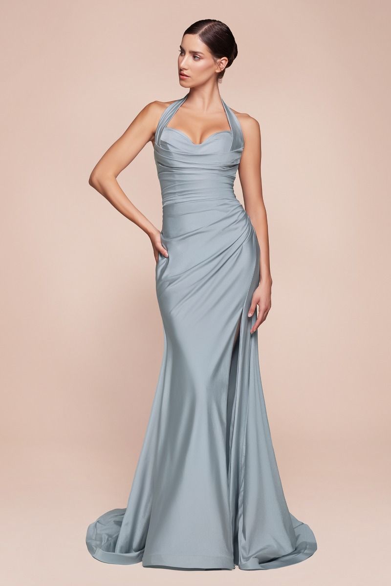 Satin Grey Blue Formal Dresses Dusty Blue Autumn Gown Elegant Fall