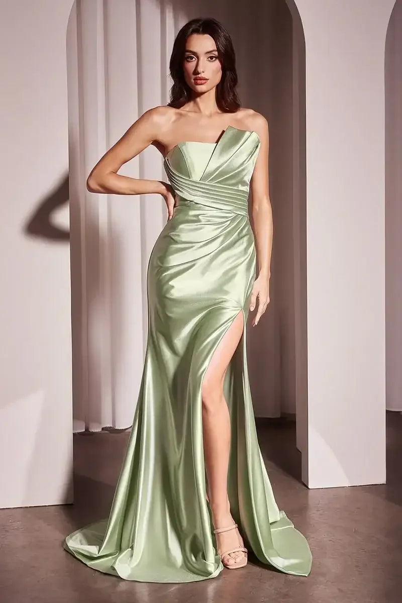 DEANNA GOWN - SAGE - ASYMMETRICAL STRAPLESS SATIN GOWN