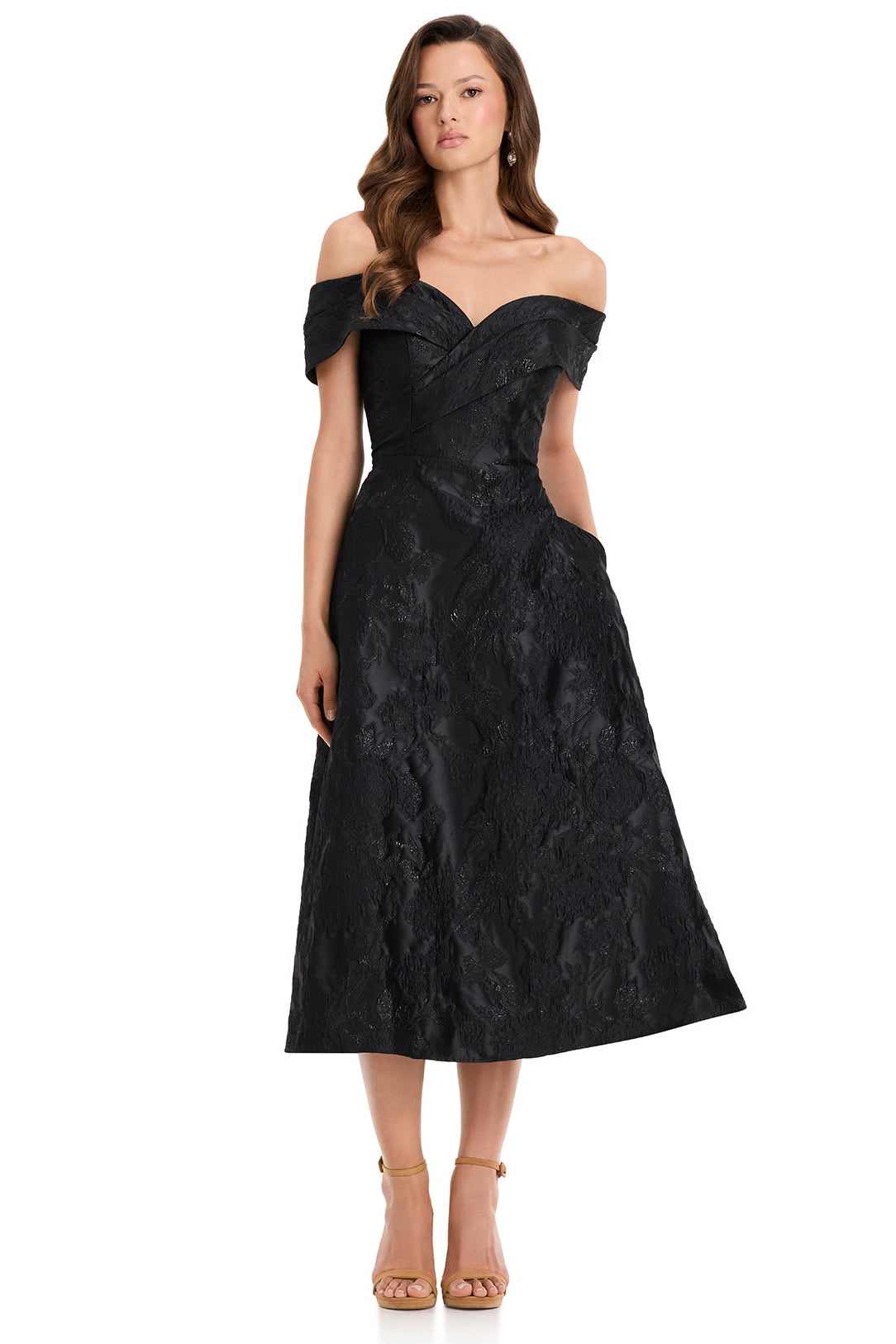 ASHLEYlauren E40002 Black Brocade Tea-Length Dress | Lady Black Tie