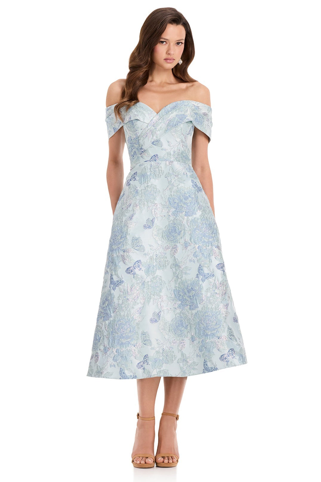 ASHLEYlauren E40002 Blue Brocade Tea-Length Dress | Lady Black Tie
