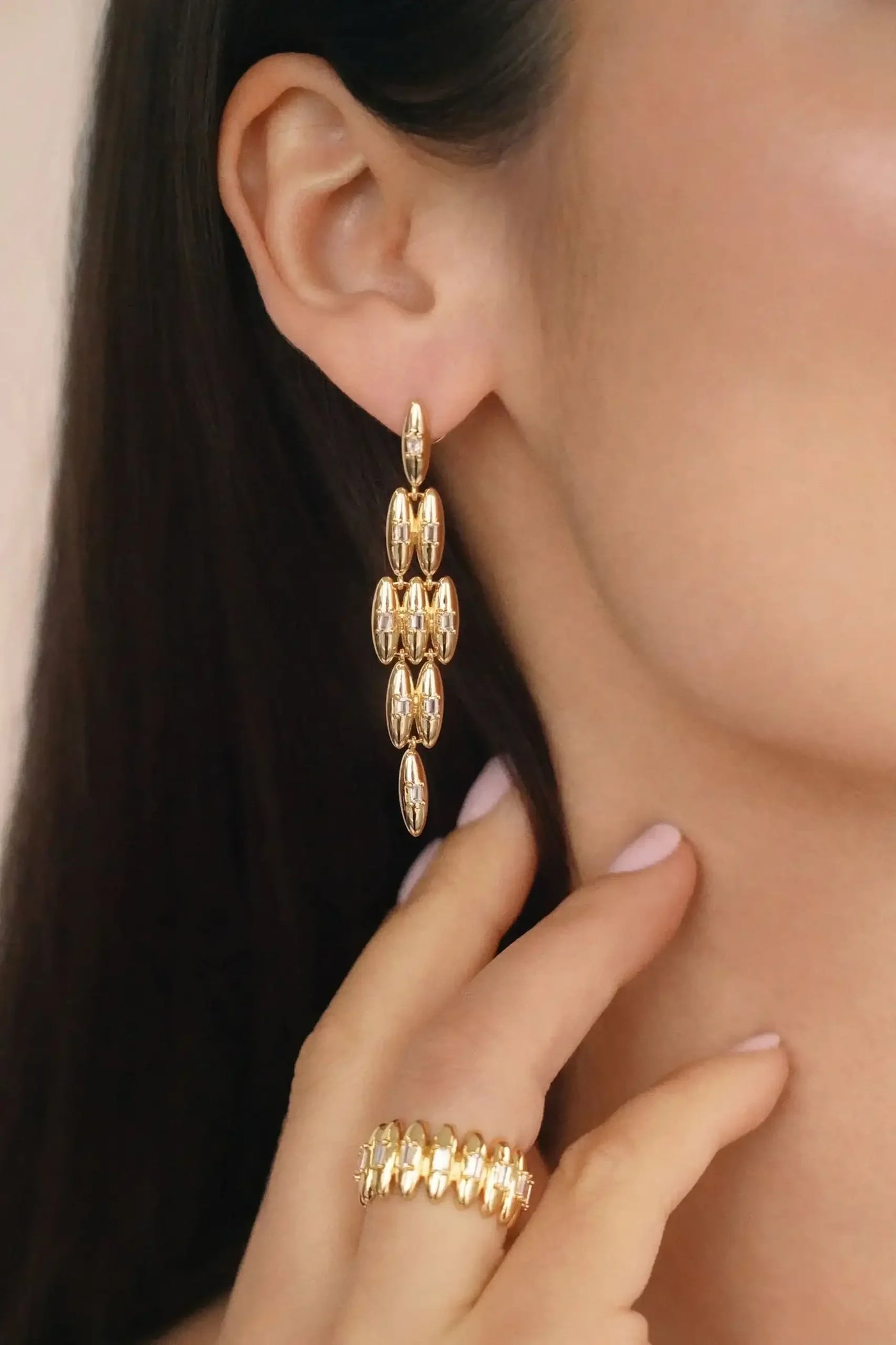 Oval Dome Baguette Dangle Earrings