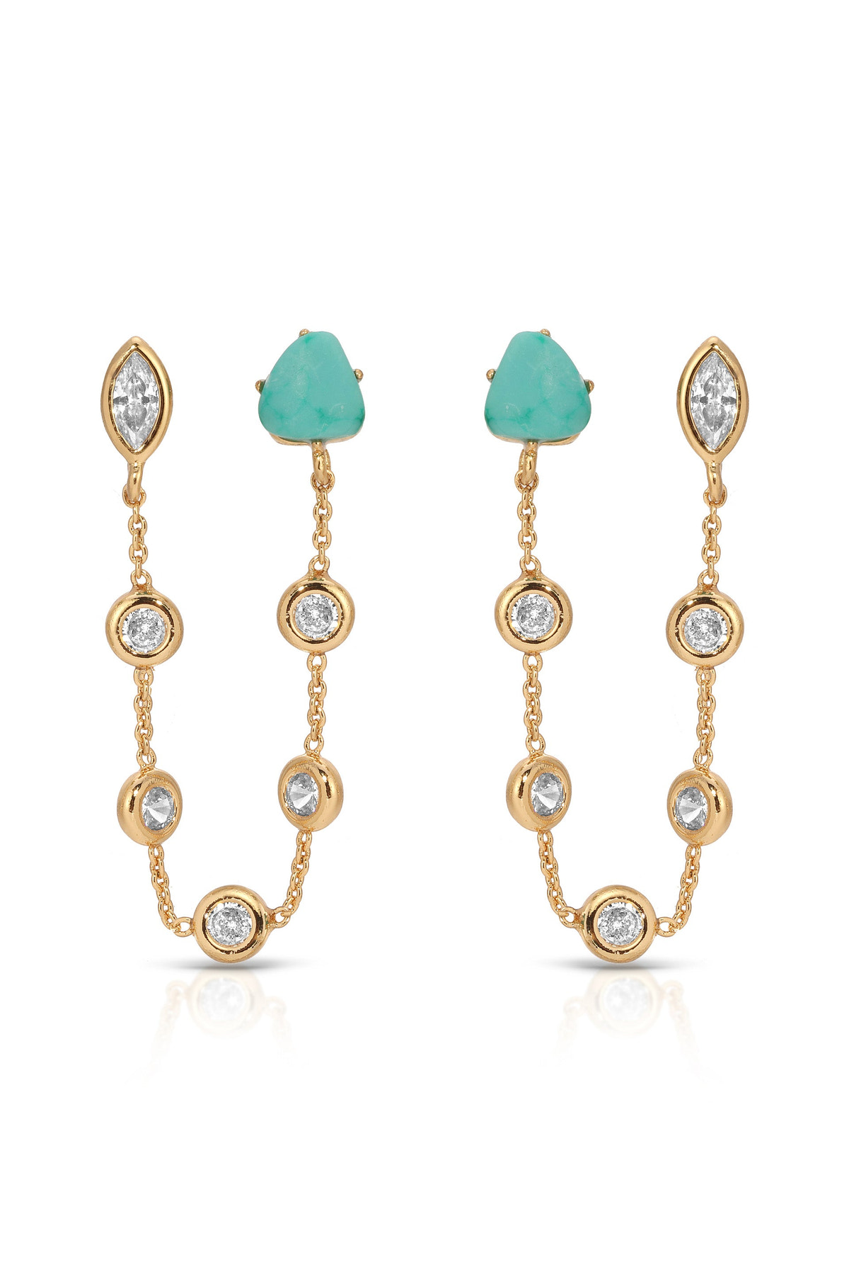 Double Piercing Turquoise Earrings in Turquoise with 18k Gold Plating, pair | Lady Black Tie