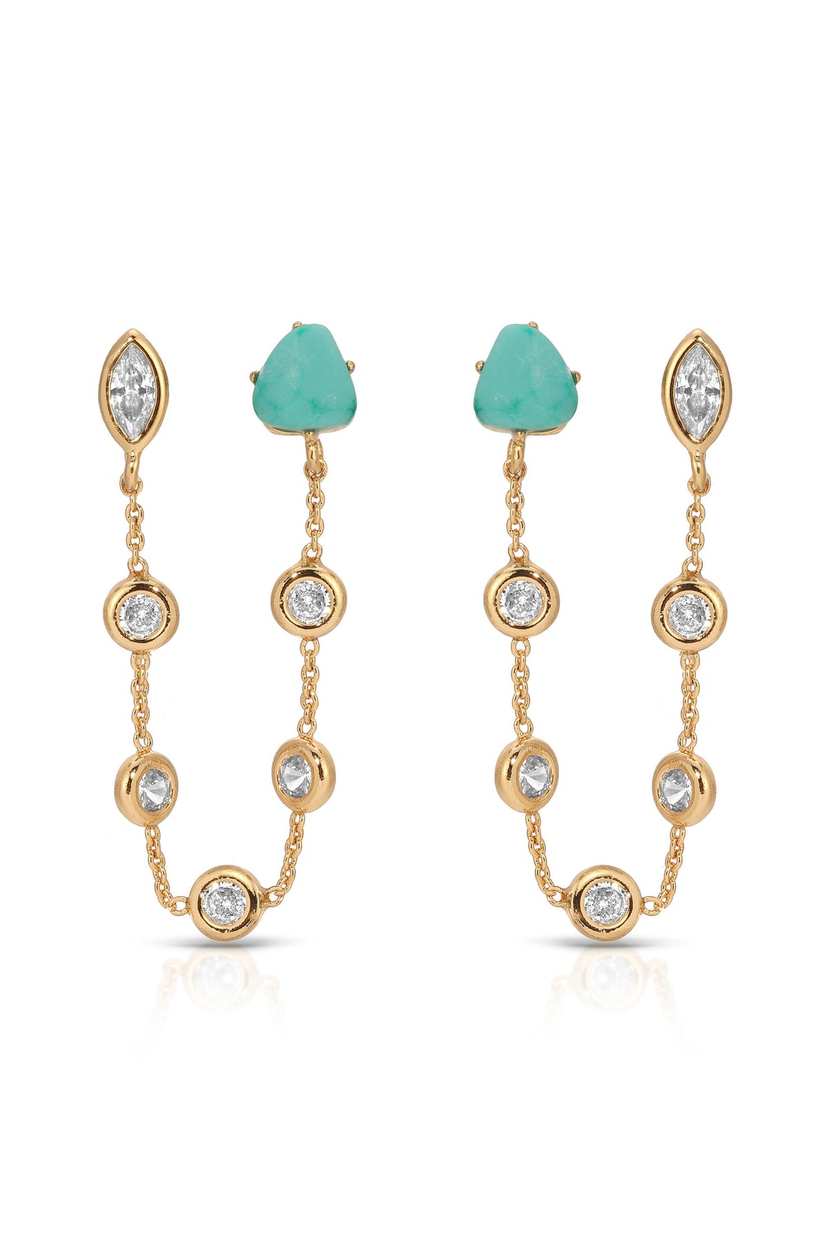 Double Piercing Turquoise Earrings in Turquoise with 18k Gold Plating, pair | Lady Black Tie