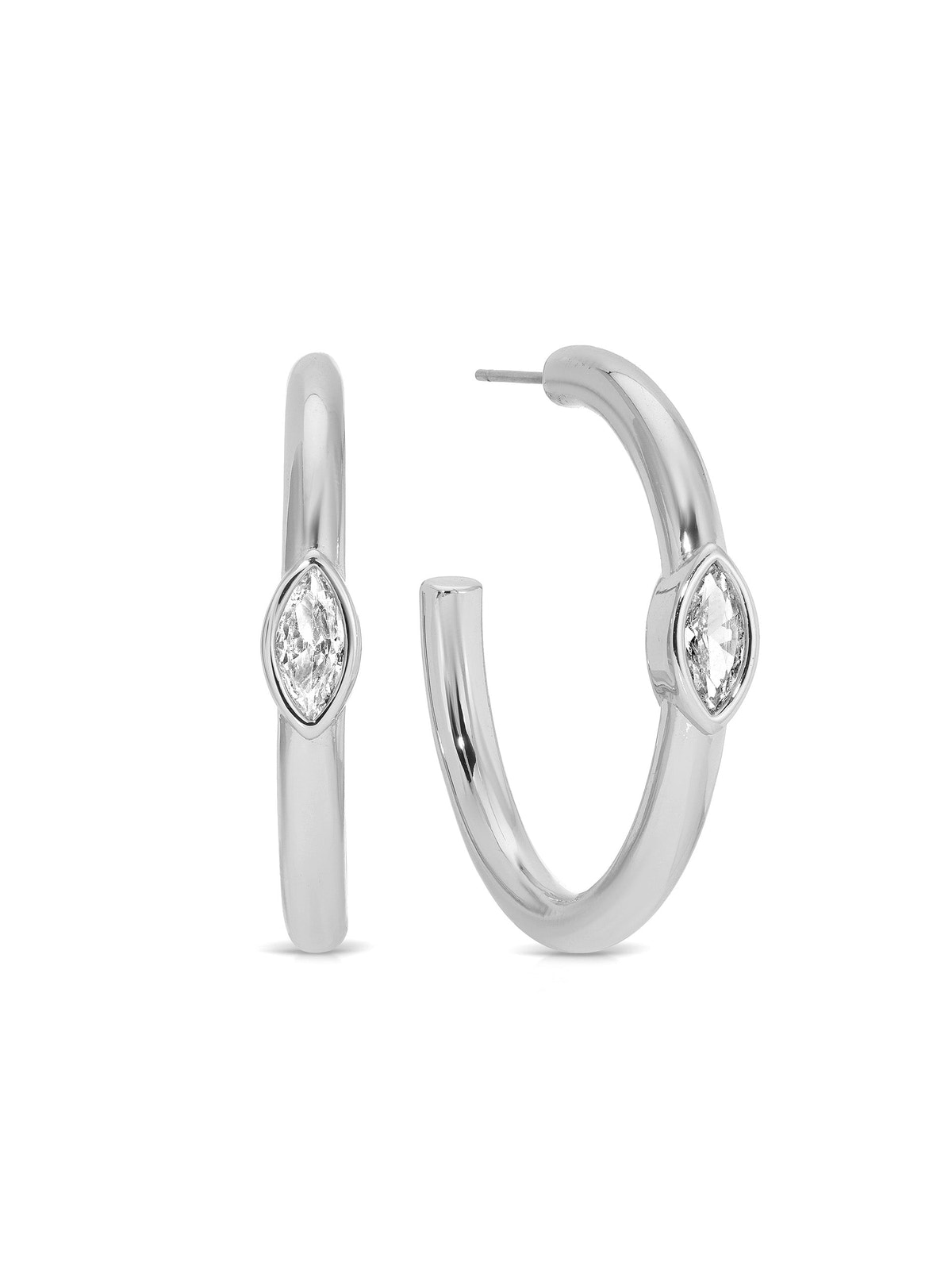 Medium Marquise Crystal Hoops in Clear Crystal with Silver Plating, front and side view | Lady Black Tie
