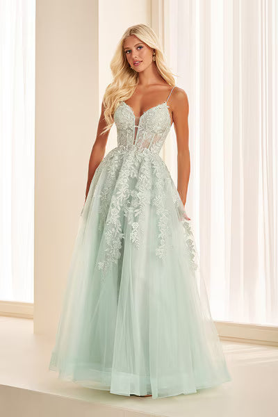 Ellie Wilde EW34036 V-Neck Lace Tulle A-Line Gown in Ice Mint | Lady Black Tie