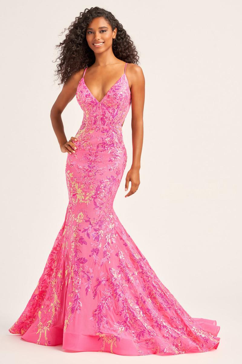 Ellie Wilde EW35011 Sequin Tulle V-Neck Mermaid Gown in Hot Pink | Lady Black Tie