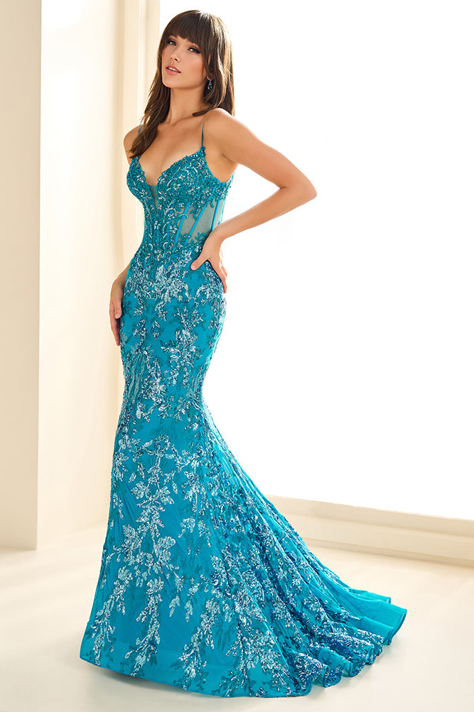 Ellie Wilde EW36003 Sequin Lace Mermaid Gown with Cutout Back in Cerulean Blue | Lady Black Tie