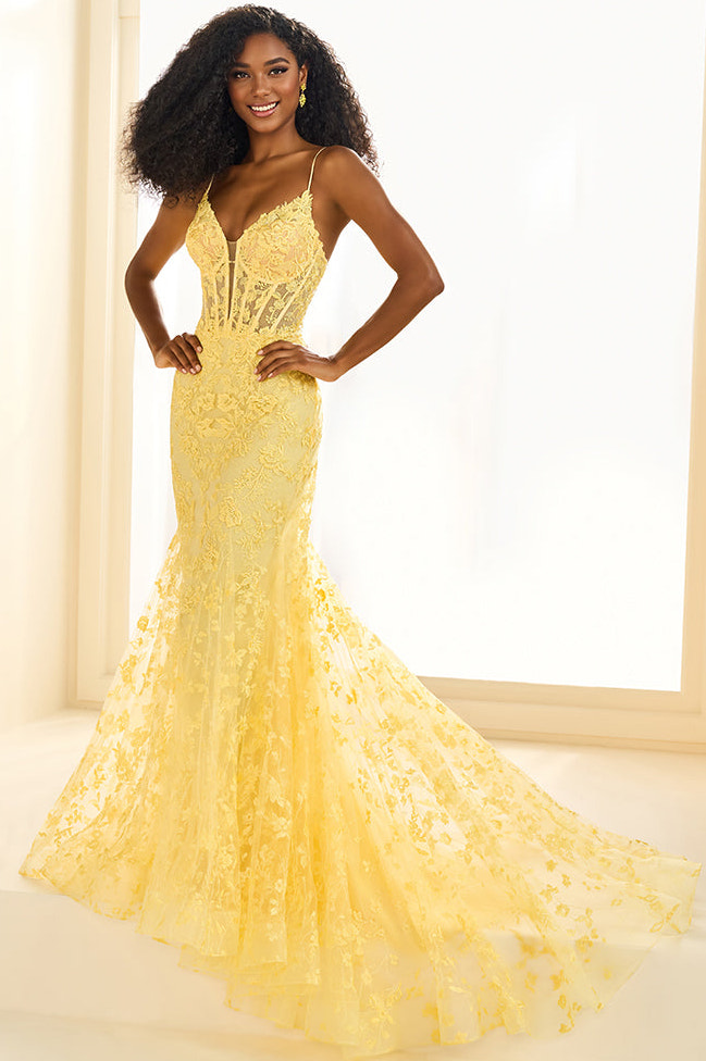 Ellie Wilde EW36008 Floral Lace Corset Mermaid Gown in Light Yellow | Lady Black Tie