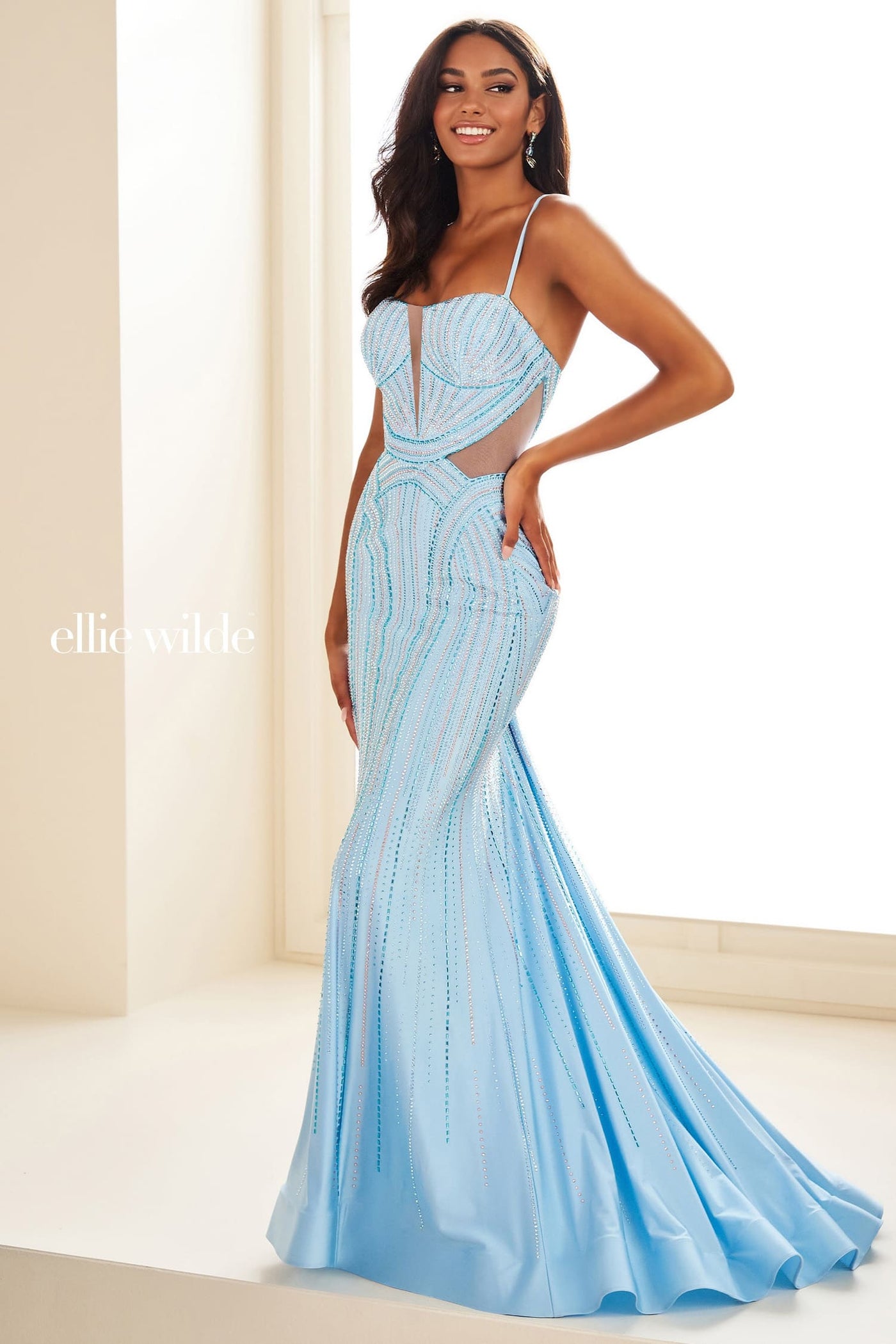 A woman modeling a light blue evening gown with a sweetheart neckline, sheer underbust panel, and vertical bead embellishments, posed in a bright indoor setting. The brand name 'ellie wilde' appears on the left side.