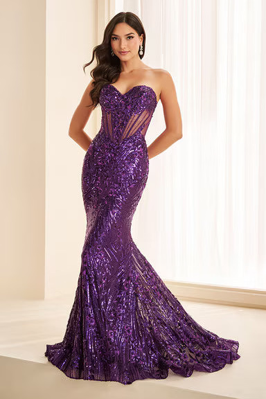 Ellie Wilde EW38013 Strapless Sequin Corset Mermaid Gown in Dark Purple | Lady Black Tie