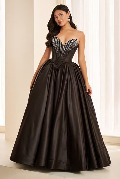 Ellie Wilde EW38020 Satin Ball Gown with Beaded Bodice in Black/White | Lady Black Tie