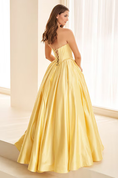 Ellie Wilde EW38020 Satin Ball Gown with Beaded Bodice in LT Yellow, view 3 | Lady Black Tie
