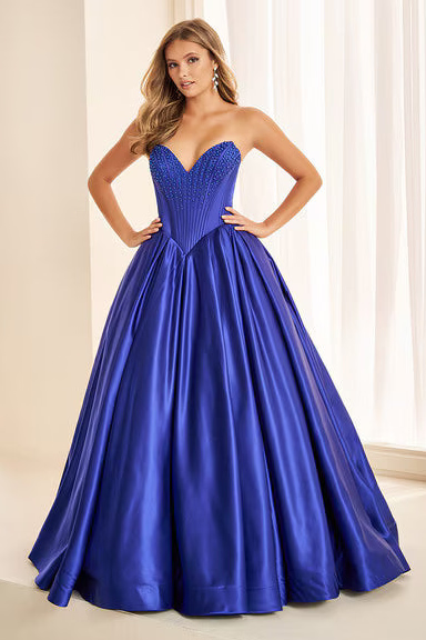 Ellie Wilde EW38020 Satin Ball Gown with Beaded Bodice in Royal Blue | Lady Black Tie
