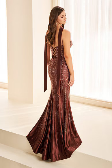 Ellie Wilde EW38033 Strapless Beaded Mermaid Gown in Chocolate, view 3 | Lady Black Tie