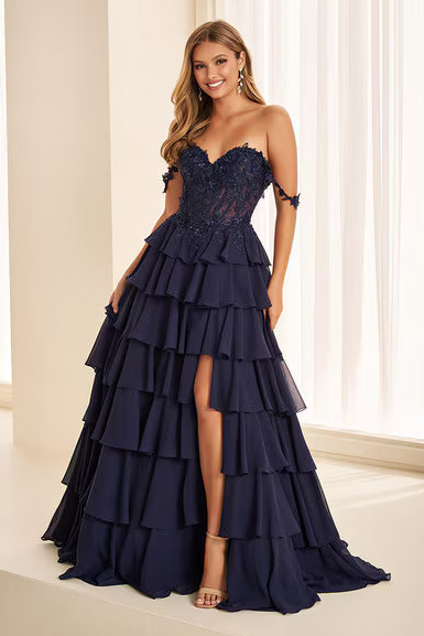 Ellie Wilde EW38093 Tiered Ruffle Chiffon Gown in Navy | Lady Black Tie