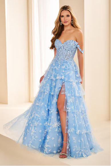 Ellie Wilde EW38206 Off-Shoulder Floral Tulle A-Line Gown in Bluebell | Lady Black Tie