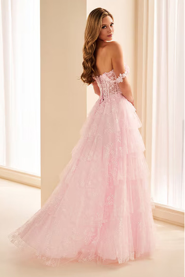Ellie Wilde EW38206 Off-Shoulder Floral Tulle A-Line Gown in Light Pink, view 3 | Lady Black Tie