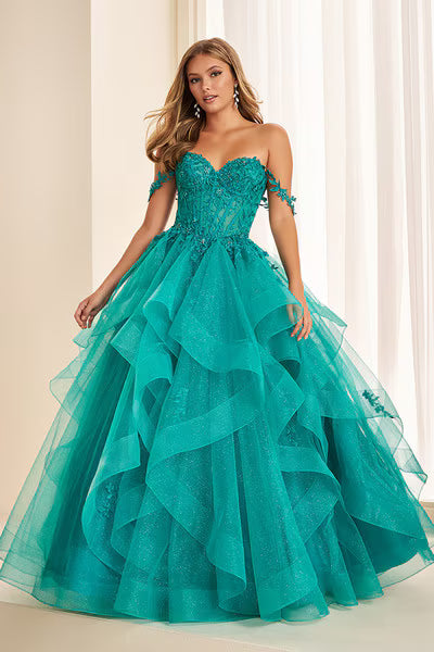 Ellie Wilde EW38220 Off-Shoulder Lace Tulle Ball Gown in Light Teal | Lady Black Tie