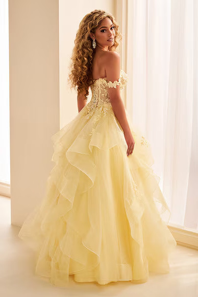 Ellie Wilde EW38220 Off-Shoulder Lace Tulle Ball Gown in LT Yellow, view 3 | Lady Black Tie