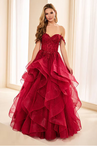 Ellie Wilde EW38220 Off-Shoulder Lace Tulle Ball Gown in Wine | Lady Black Tie