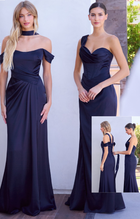 Audra Gown - Navy - ONE SHOULDER LUXE SATIN CORSET GOWN