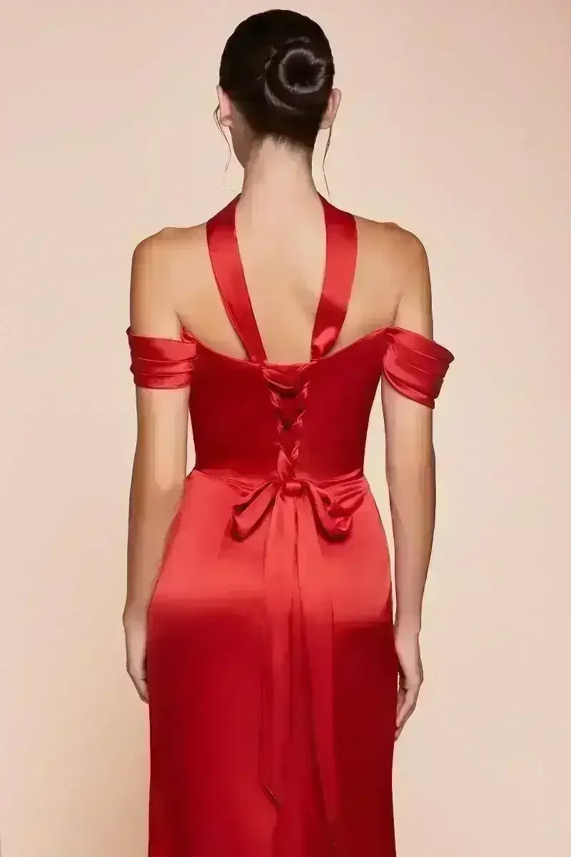 Emerson Gown - Burgundy - OFF THE SHOULDER LACE UP CORSET LUXE SATIN GOWN