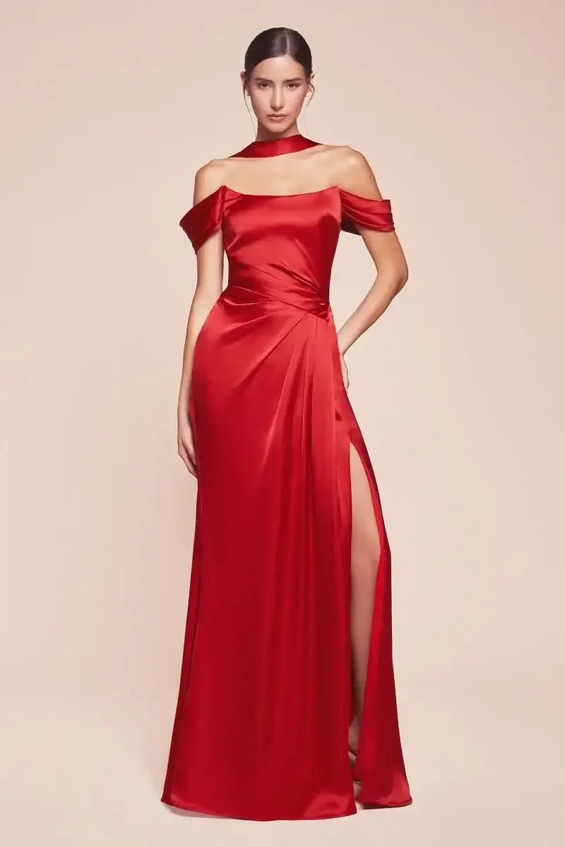 Emerson Gown - Red - OFF THE SHOULDER LACE UP CORSET LUXE SATIN GOWN