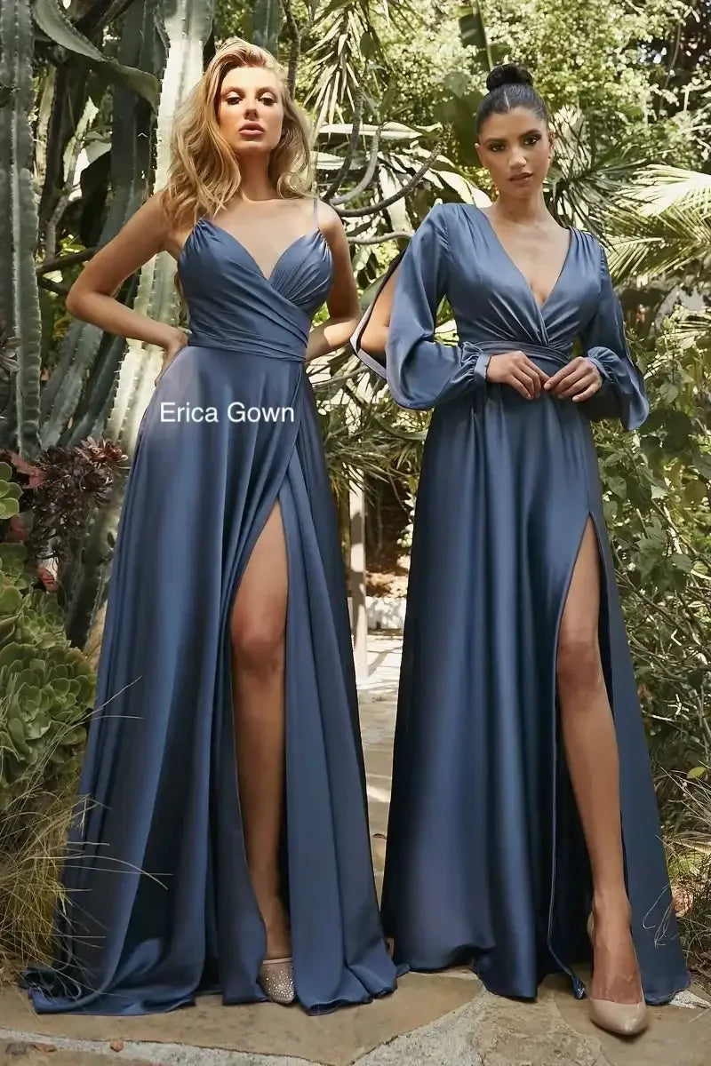 ERICA GOWN - SMOKY BLUE - SOFT SATIN A-LINE SWEETHEART NECKLINE