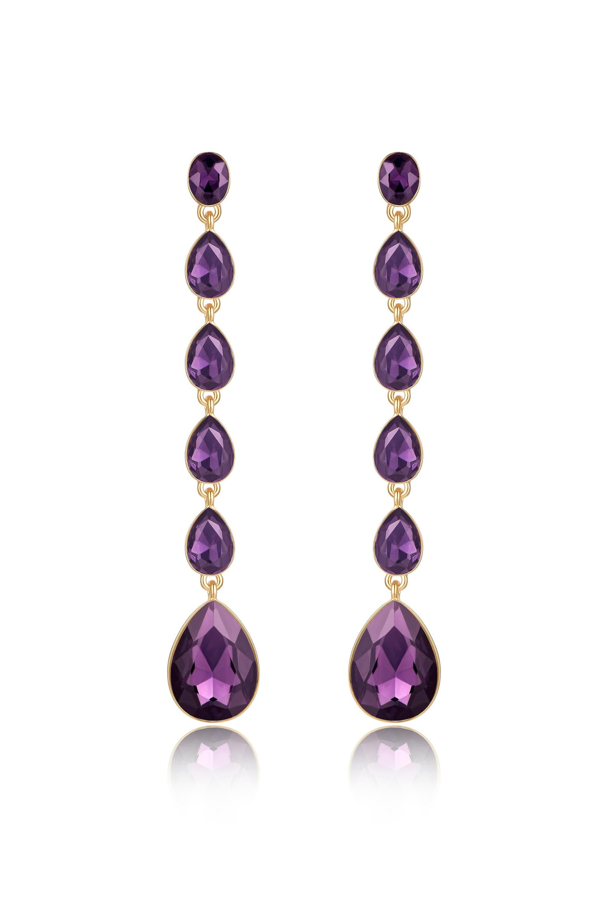 Elegant purple earrings feature a series of teardrop-shaped gemstones in varying sizes, suspended vertically from a circular post. The setting is gold, reflecting light with a slight sheen.